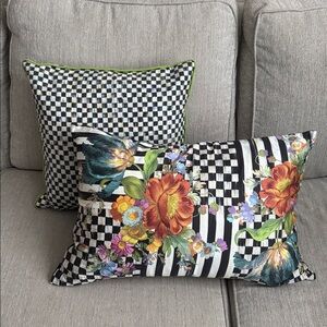 Mackenzie Childs checkered pillow and Courtly Flower Market Lumbar Pillow